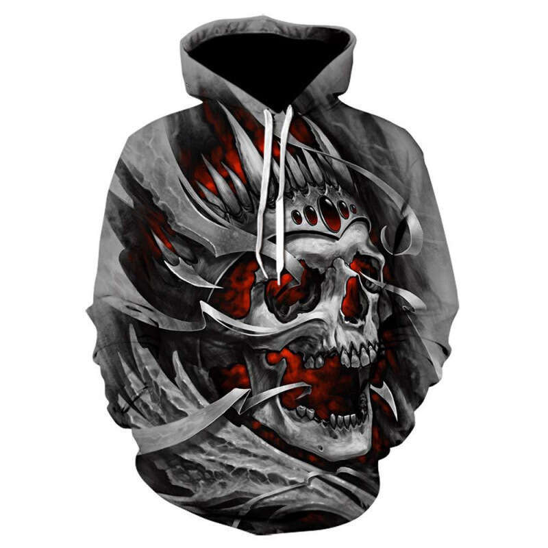 2024 Spring Autumn New European and American 3D Digital Printed Flame Skull Casual Hoodie