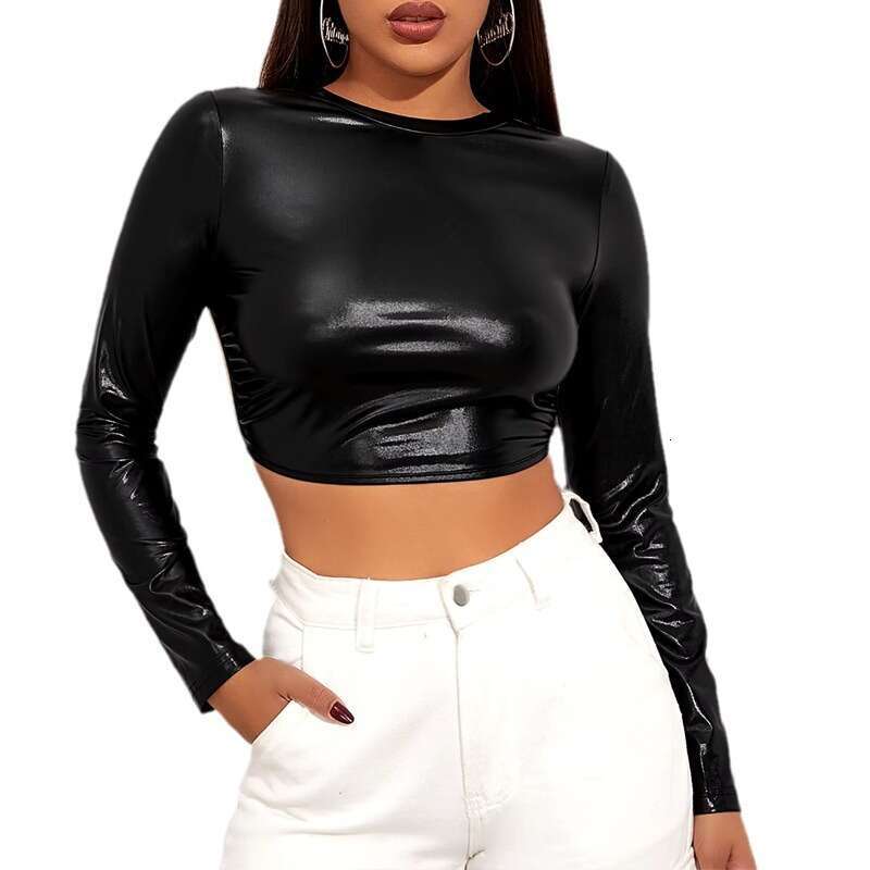 2024 new women's patent leather sexy shiny tight strap top nightclub performance outfit
