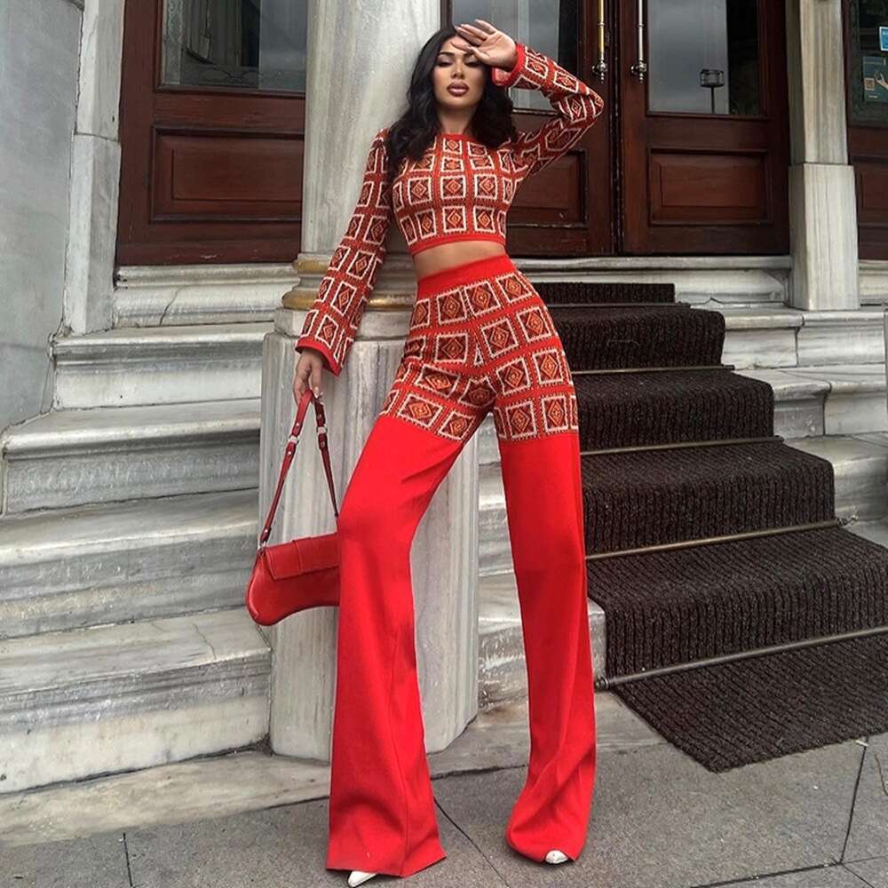 Women's autumn and winter ethnic style printed checkered long sleeved short top, high waist straight leg pants set