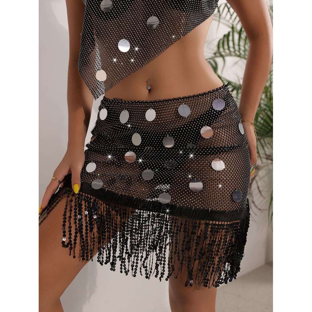 INS2024 women's sexy new hollow see through mesh rhinestone set skirt L23540
