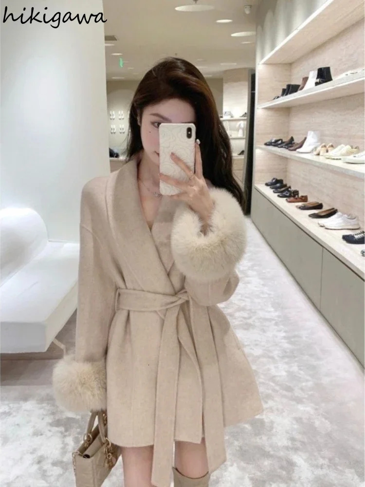 Fashion Coats for Women Patchwork Furry Long Sleeve Bandage Outwear Korean Y2k Clothing Temperament Solid Color Jackets 241121