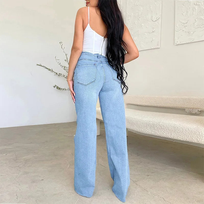Mandylandy womens jeans long waist torn worn comfortable wide legs denim pants washed holes streetwear denim Trousers 241122