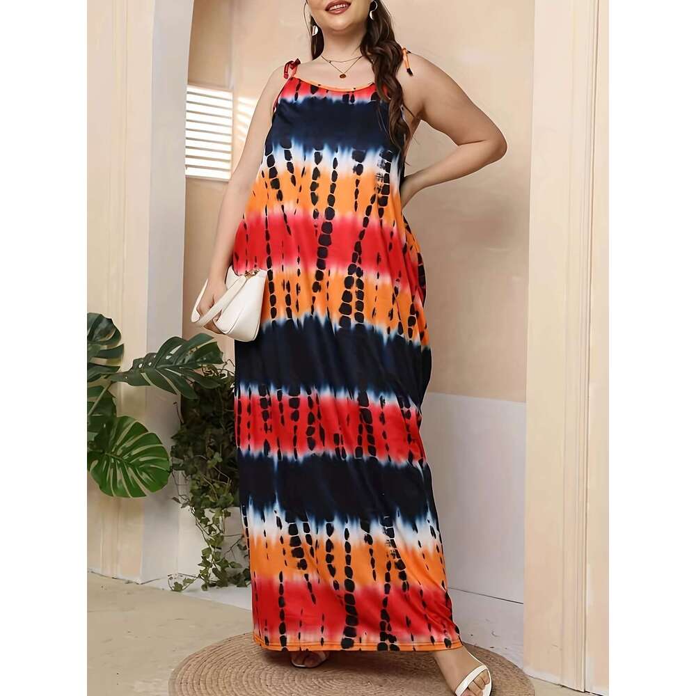 Large tie dye vacation style backless loose spaghetti strap long dress, women's plus size clothing