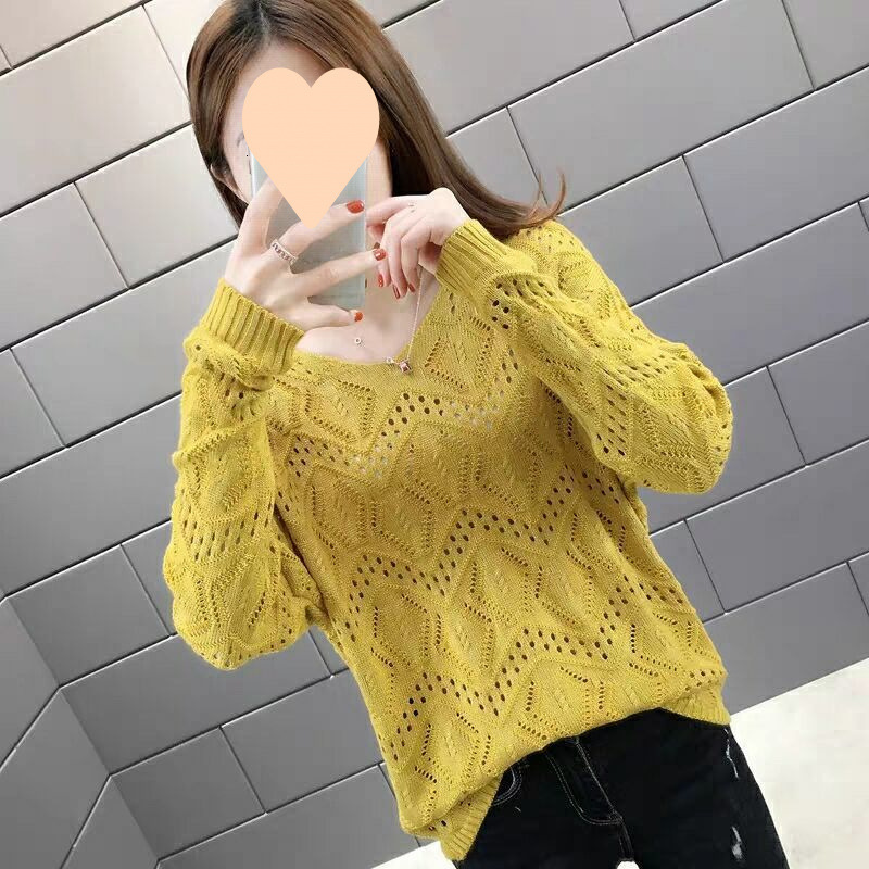New hollowed out knitted women's new pullover with spring and autumn collar top, loose long sleeved thin designer sweater bottom shirt