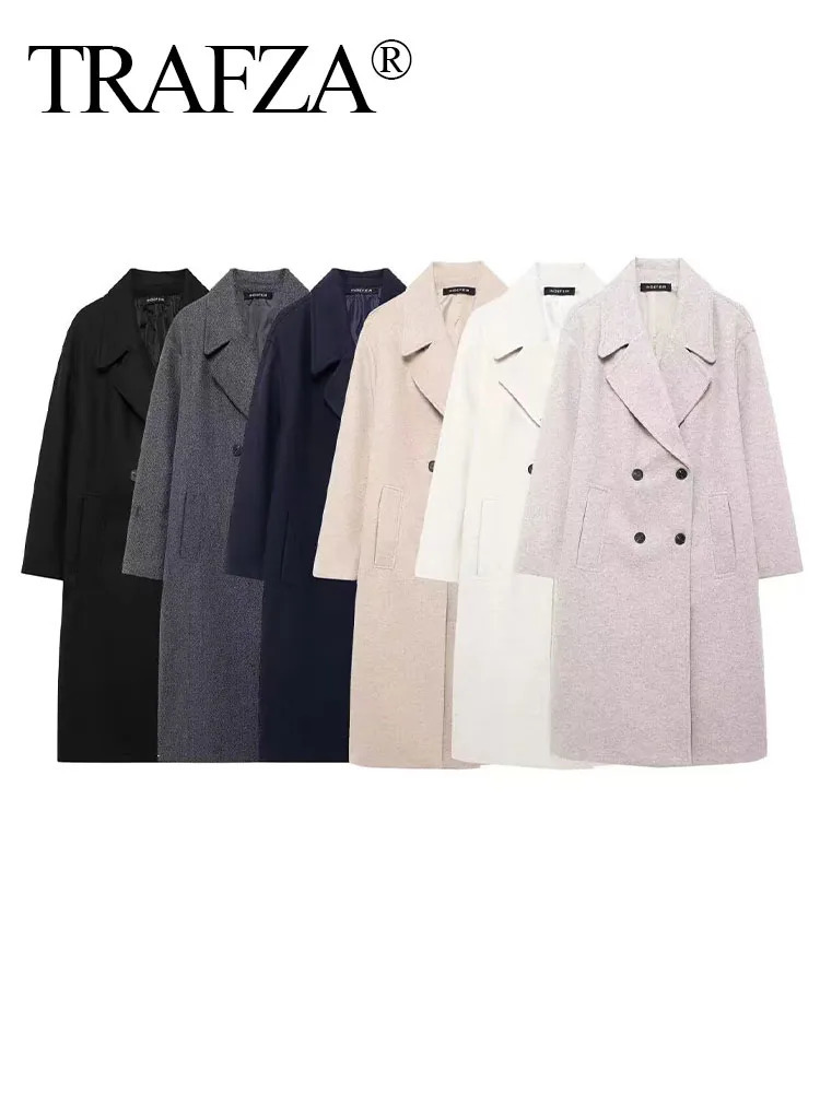 TRAFZA Woman Winter Warm Long Outwear Chic Elegant Women Solid Grey Sleeve Pockets Double Breasted Woolen Coat 2024 241121