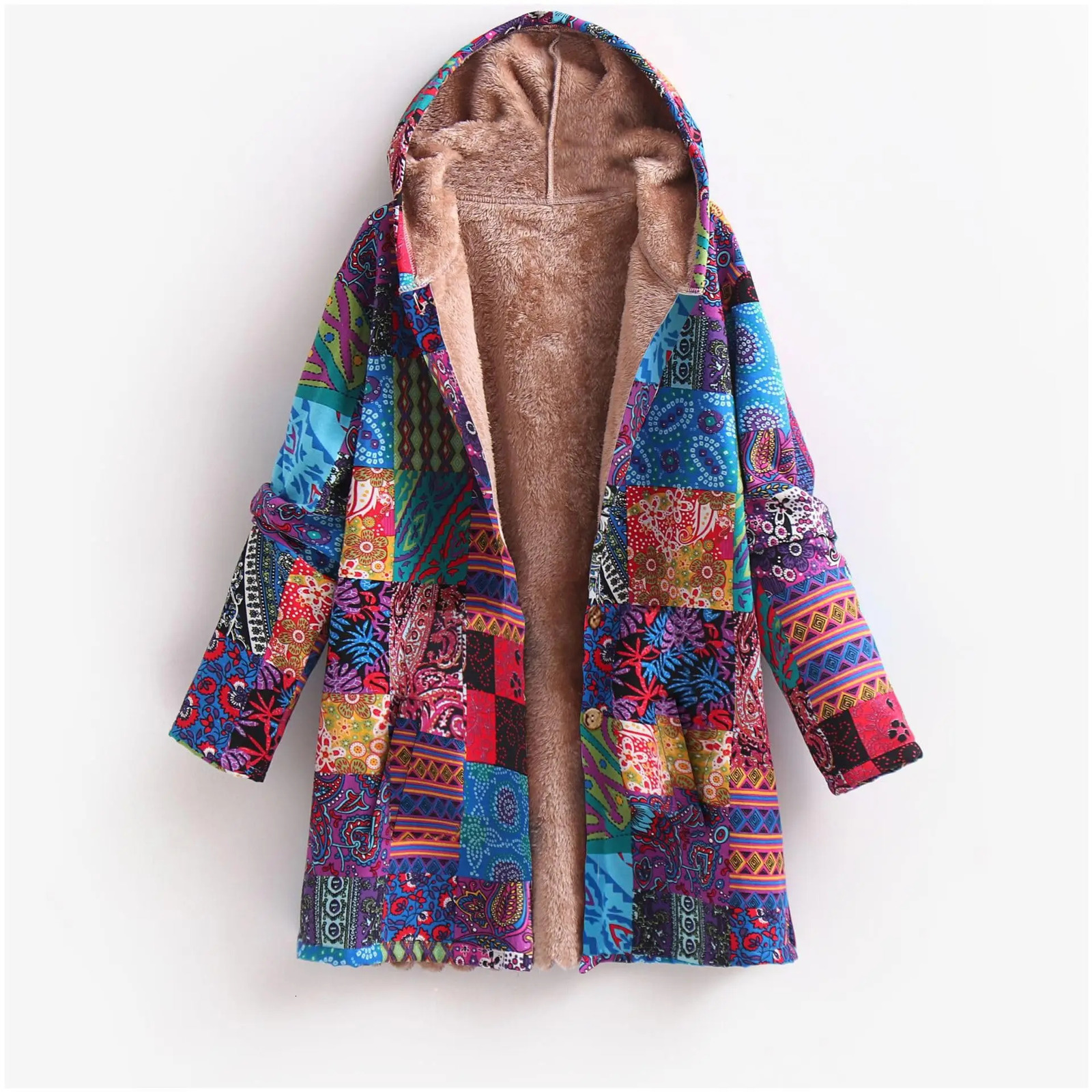 Womens Floral Jacket Large Size Warm Plush Retro Oversized Hooded Coats and Zip Coat 241121