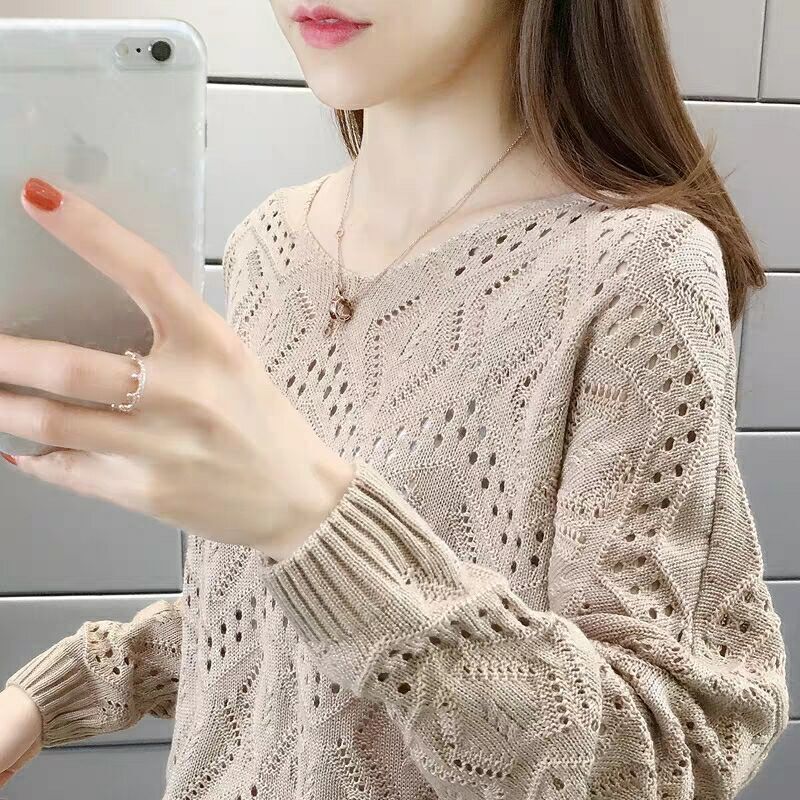 New hollowed out knitted women's new pullover with spring and autumn collar top, loose long sleeved thin designer sweater bottom shirt
