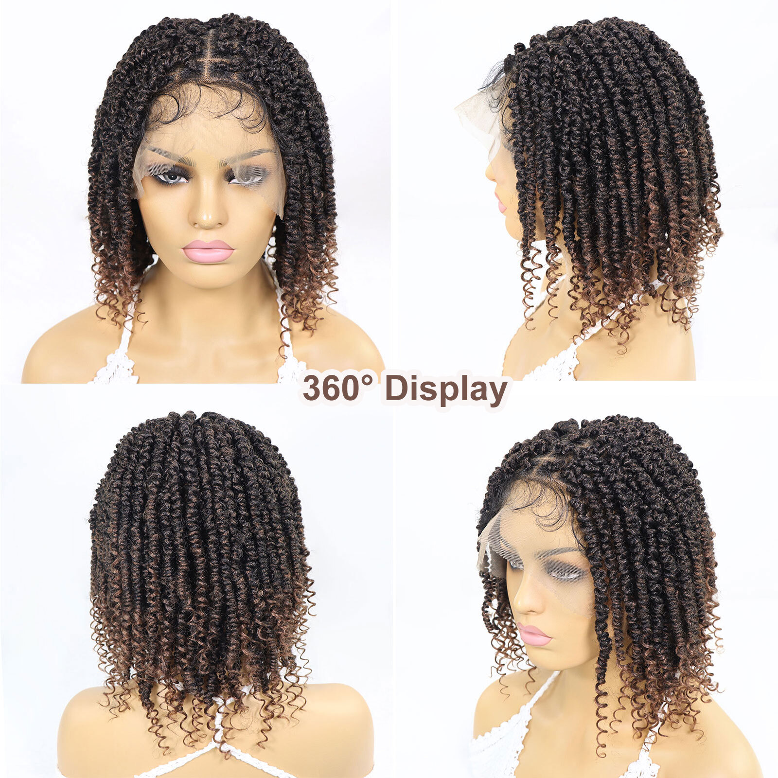Short Passion Twist Wigs Curly Ends Square Part Blonde Bob Lace Front For Women Synthetic 12Inch Braided Wig