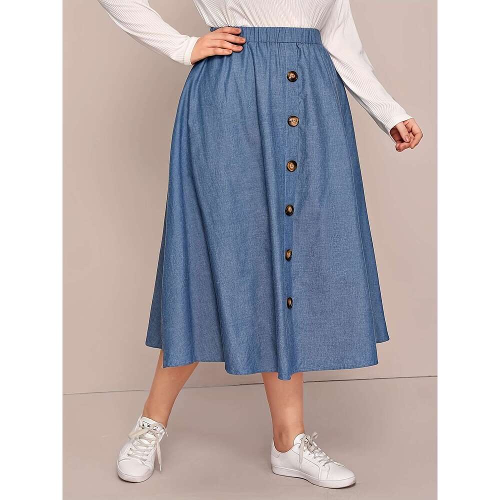 Elegant button up front skirt with elastic waistband solid color, non stretchy polyester blend, machine washable - suitable for all seasons