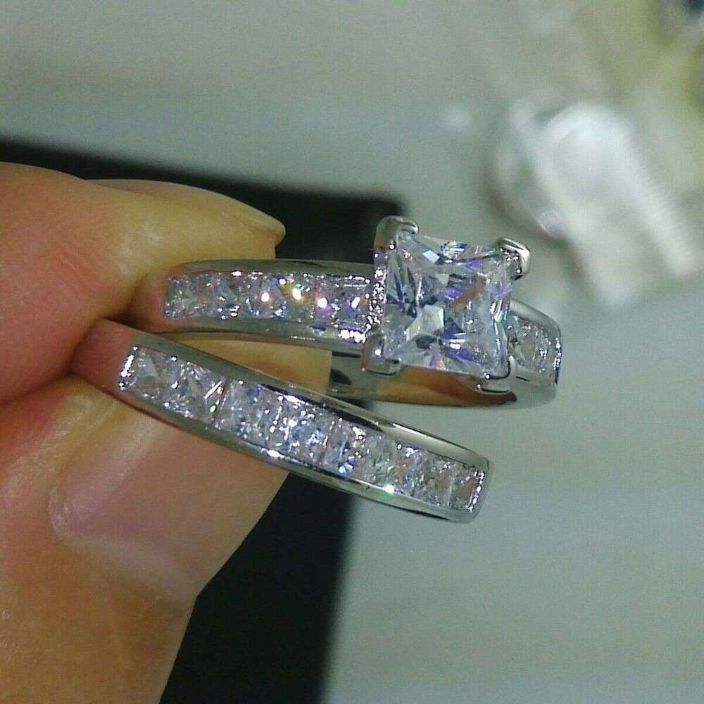 Princess Cut White Gold Filled Wedding Ring Set with Topaz CZ Dias 842b