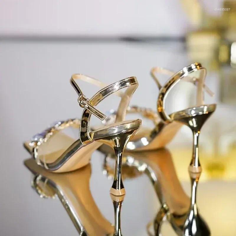 Sandals Gold Sier High Heels Women Summer Square Toe Shiny Crystal Woman Ankle Straps Thin Heel Party Pumps Shoes hurenlakeshoes hurenlakeshoes