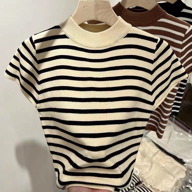 Autumn new semi high neck striped bottom knitted women's slim fit short sleeved designer ice silk shoulder T-shirt sweater