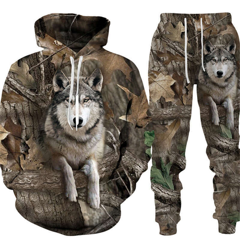 2024 autumn/winter camouflage hunting animal wild boar 3D printing series loose casual hooded sweatshirt set