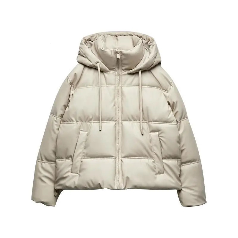 Winter Women Faux Leather Puffer Jacket 2024 Warm PU Snow Hooded Parka Female Casual Loose Coat Zipper Long Sleeve Overcoat 241120