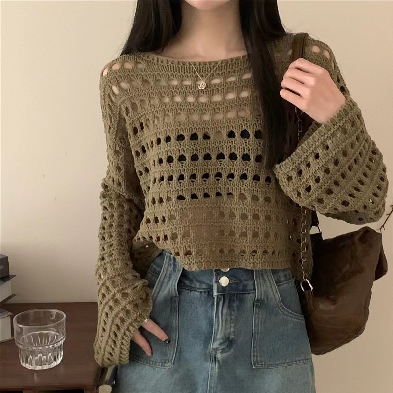 New loose and lazy style solid color top shirt for early autumn, Korean hollow knit designer women's sweater