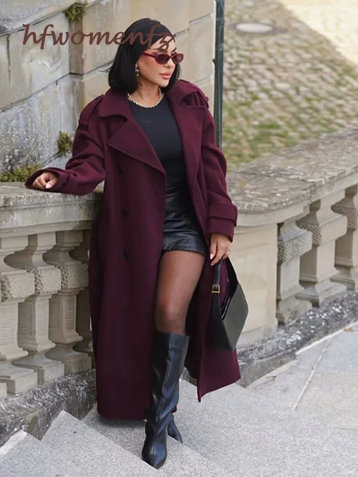 Elegant Burgundy Oversize Lapel Overcoat Women With Belt Wool Blend Double Breasted Long Sleeve Coat 2024 Autumn Commute Outwear 241121