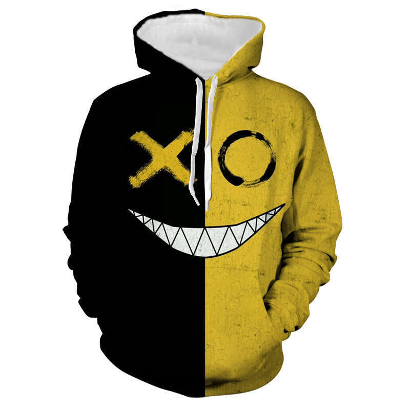 Autumn and winter men's quirky 3D printed smiley face pullover long sleeved hooded sweatshirt