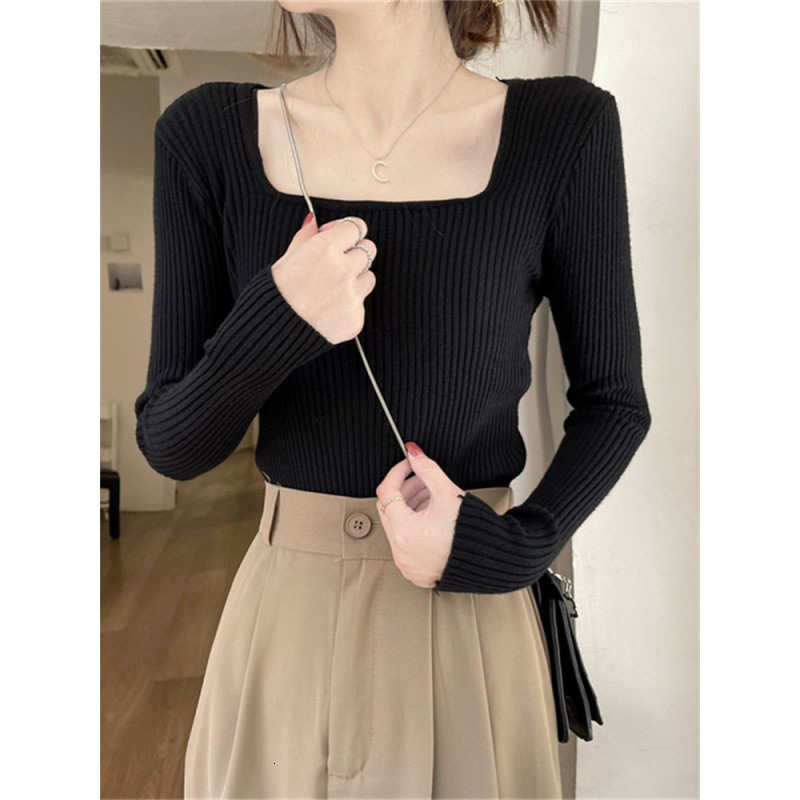 Square neck women's autumn and winter new style long sleeved short sleeved slim fit inner sleeve pullover sweater black bottom knitted designer s