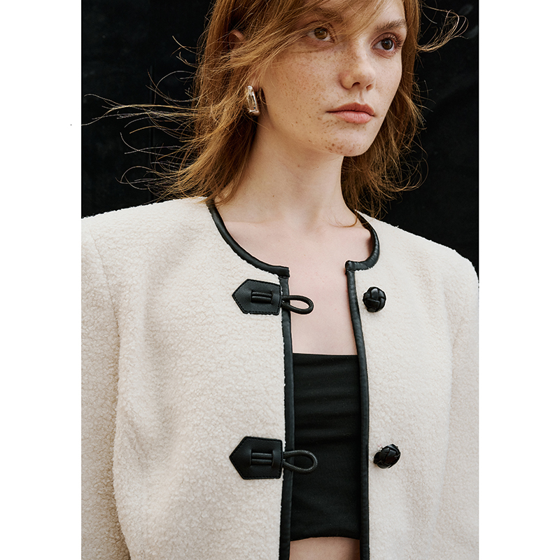 IOO Wool Blend Round Neck Cropped Jacket 2023 Winter Women Fleece Short Coat French Pairs