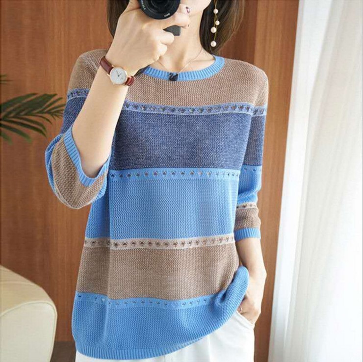 New round neck colored pullover sweater, knitted sweater for women, Korean version, loose fit, hollow T-shirt, seven quarter sleeve designer women