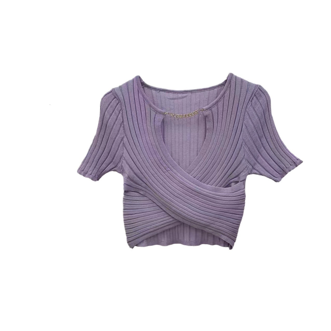 New V-neck cross white knitted sweater for women, spring new design, spicy girl short sleeved unique and chic designer top