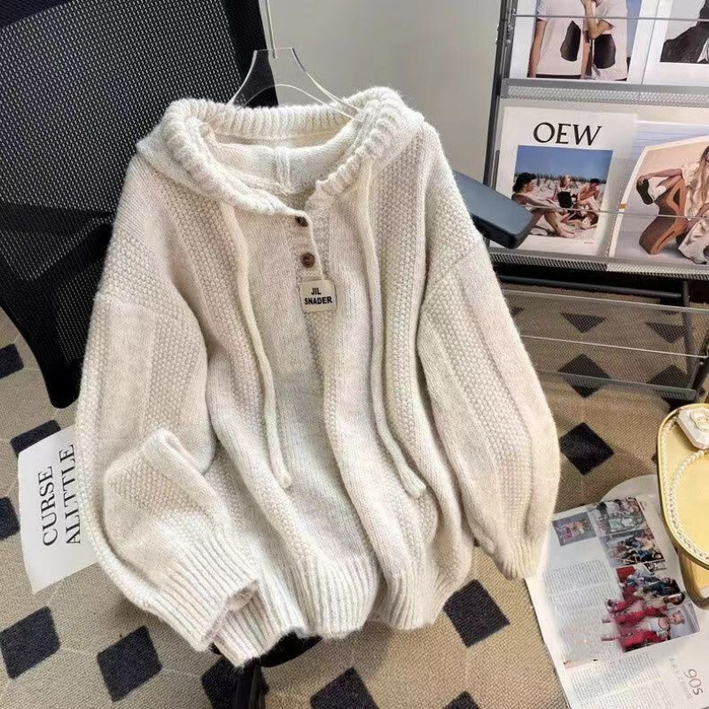 New autumn and winter Korean loose lazy style hooded women's sweater, new soft glutinous rice pullover sweater, drawstring designer knitted sport