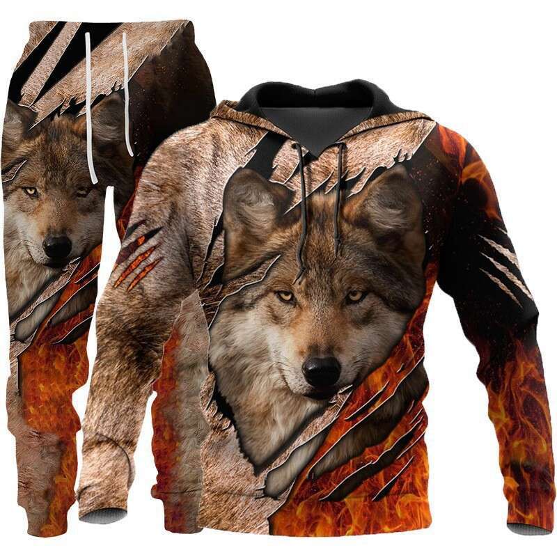 2024 European and American new set 3D animal print hooded men's trendy casual sweatshirt