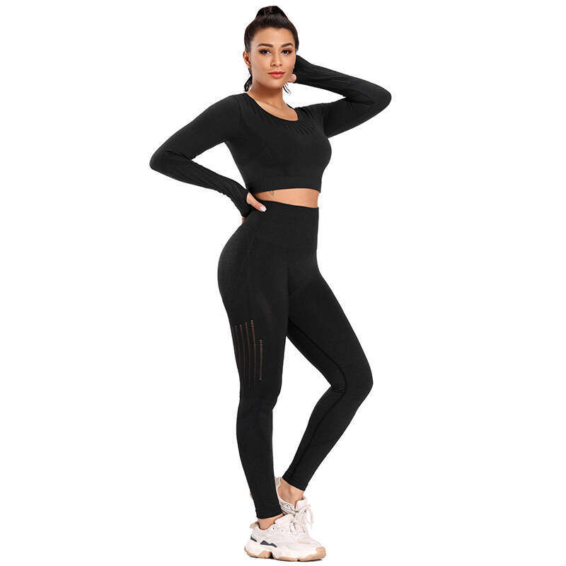 European American peach hip yoga suit set for women's autumn and winter long sleeved seamless high waisted tight fitting breathable fiess sportsw
