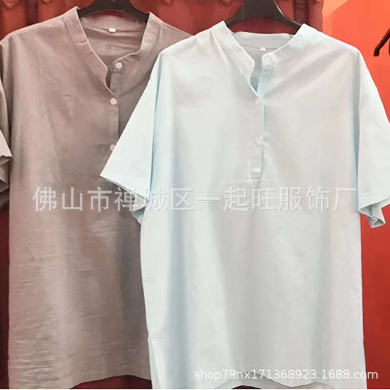 Top selg Spring Autumn Cotton and Hemp Standing Collar Burial Clip Shirt Men's 2024 New Casual Fashion Trendy Clothing