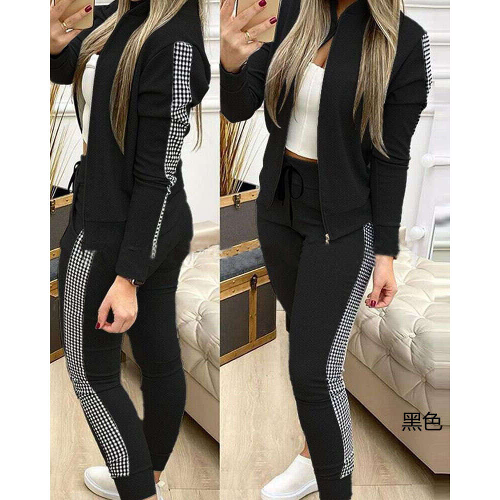Spring and Autumn Winter Collection 2021 Splicing 3D Printing Zipper Casual Sports Fashion Set Vitality Women's Wear 2024 Temperament Versatile N