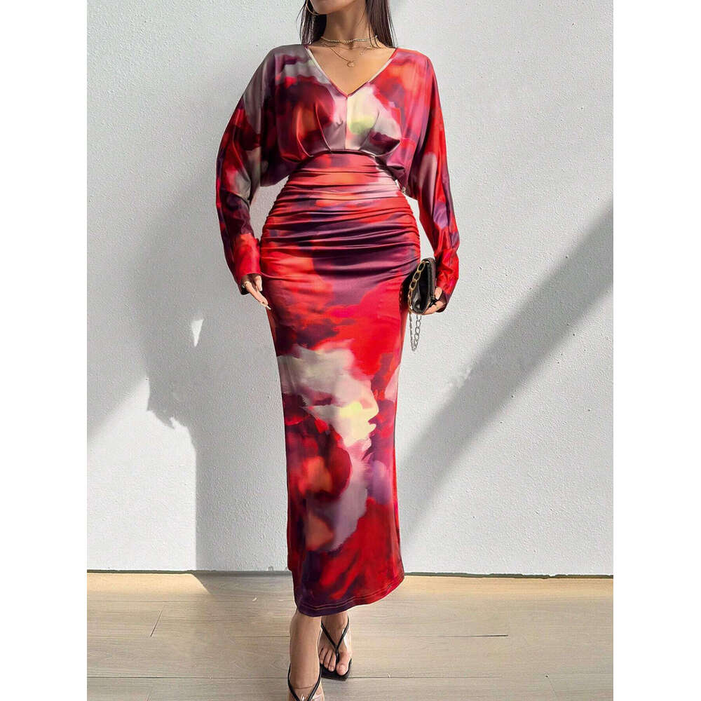 2024 Shein autumn new V-neck pleated women's sexy slim fit batwing sleeve dress