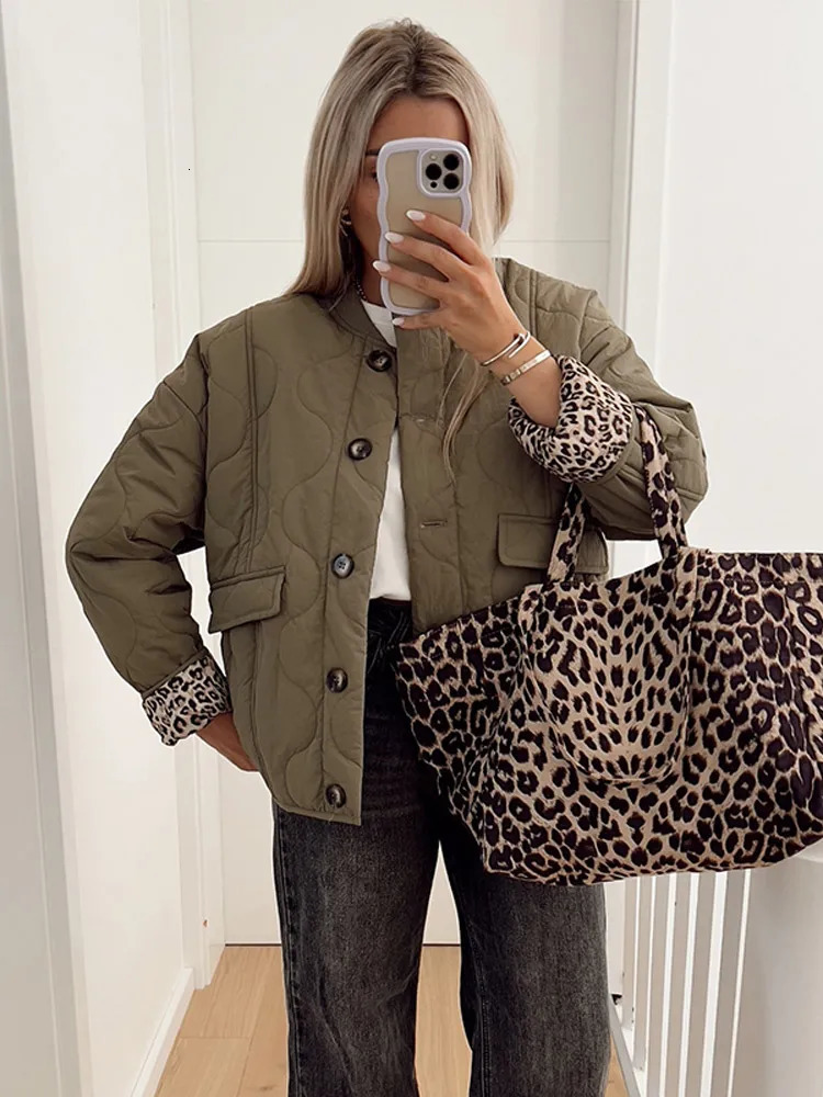 Fashion Lady O Neck Leopard Print Lined Short Jacket Elegant Woman Single Breasted Solid Color Coat 2024 Outerwear 241120