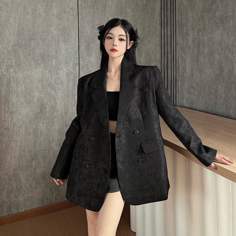 High-End Jacquard Black Blazer Women's Autumn Temperament Double-Breasted Suit Traf 2024 New Tweed Jaqueta Feminina