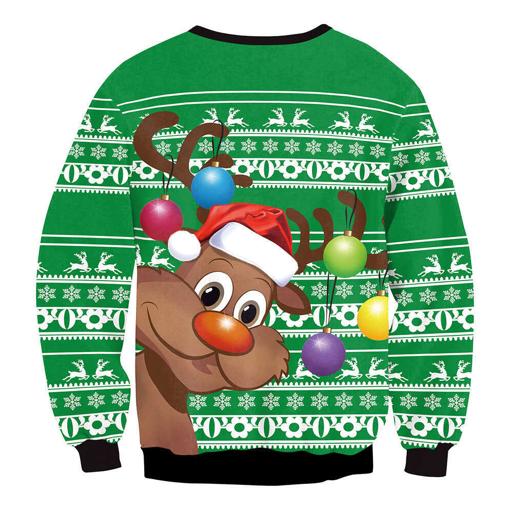 2024 new Christmas reindeer 3D digital print round neck casual men's and women's hoodie loose fit