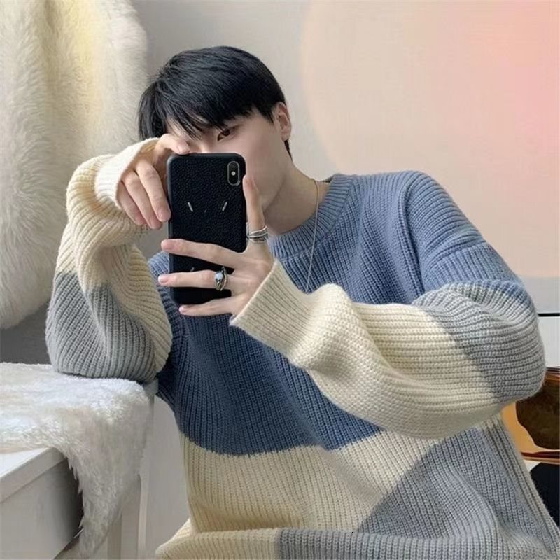 New striped color blocked men's autumn and winter round neck knitted sweater designer winter sweater trend hoodie