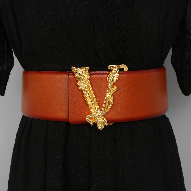 Width 6.5Cm Waist Women Metallic Gold Large V-Shaped Cowhide Decoration Versatile Fashion Commuter Dress Jacket Jeans Belt