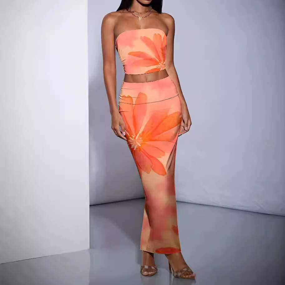 2024 Fashion Flower Printed Multi Color Temperament Slimming Set with Skirt Mask and Hip Wrap