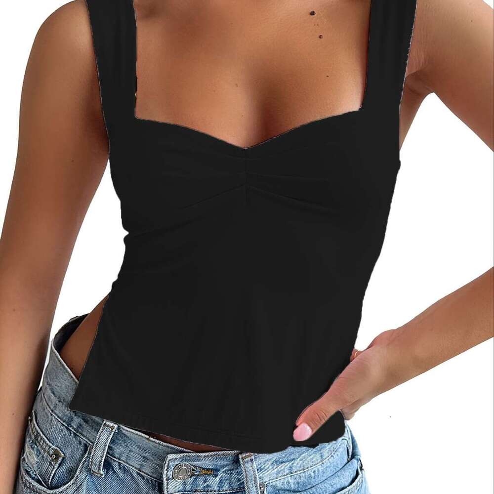Qi Duo Women's Square Neck Solid Color Sexy Versatile Tank Top Can be Underlaid, Slim Fit with Open Waist