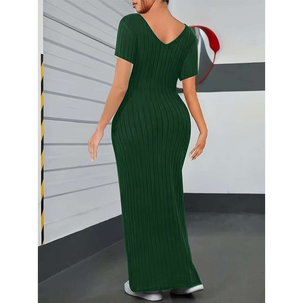 Large ribbed solid color tight elegant V-neck short sleeved dress, spring and summer, women's plus size clothing