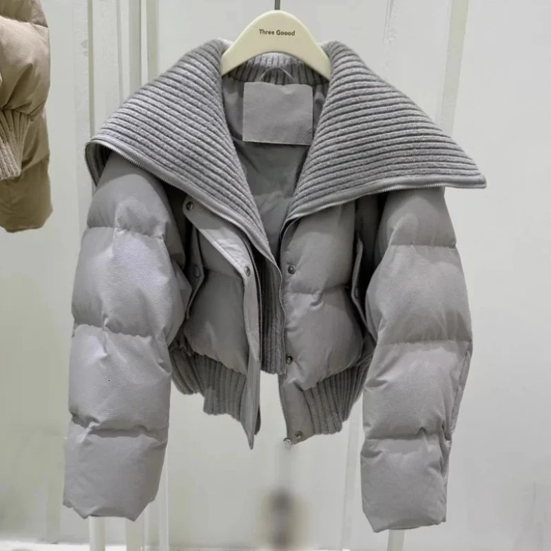 Korean Fashion Knit Collar Autumn Winter Coat Women Thickened Puffer Jacket Loose Parka Warm Cottonpadded Short Coats 241120