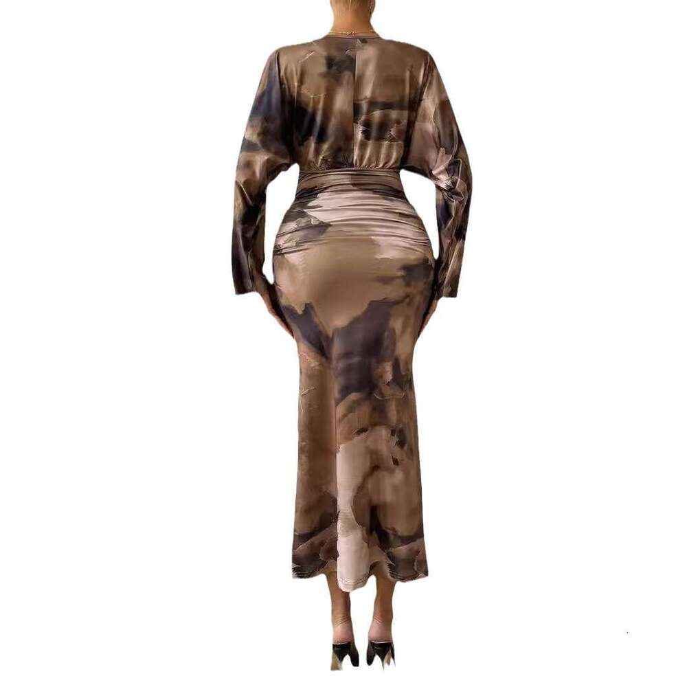 2024 Shein autumn new V-neck pleated women's sexy slim fit batwing sleeve dress