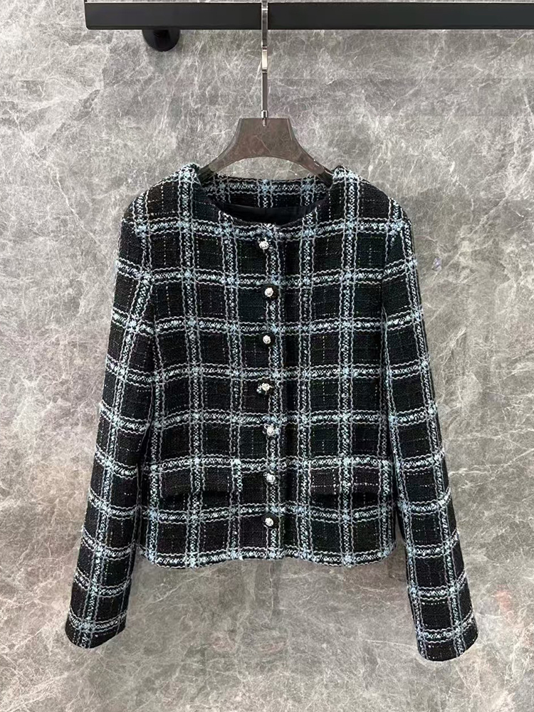 Vintage Woven Soft Tweed Wool Plaid Round Neck Short Coat 2024 Fall Women's New Fashion All-Match Silk Ing Jacket