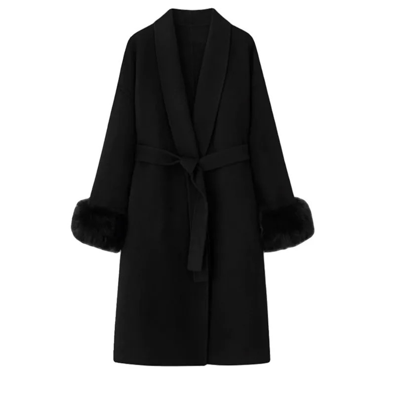 EOEN Womens Long Lapel Doublesided 2024 Autumn And Winter Item Solid Color Simple Detachable Cuffs Fur Wool Coat 241121