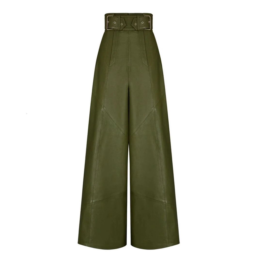 Fashion For Women, High Waisted Loose Pocket, Waist Cinched PU Leather Flared Pants, Casual Pants