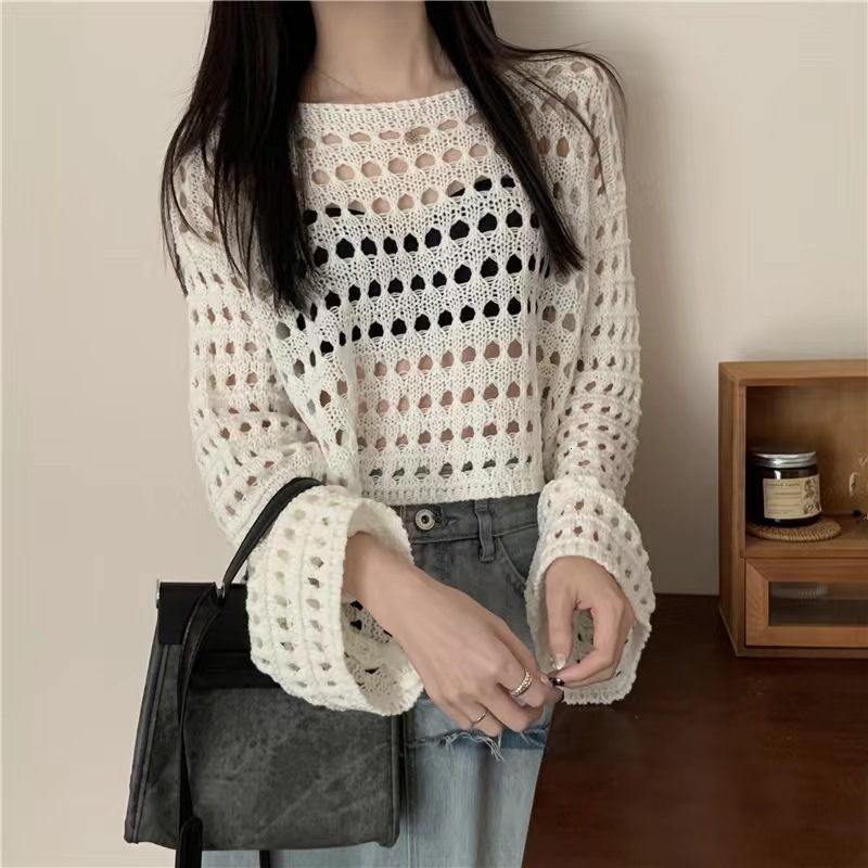 New loose and lazy style solid color top shirt for early autumn, Korean hollow knit designer women's sweater