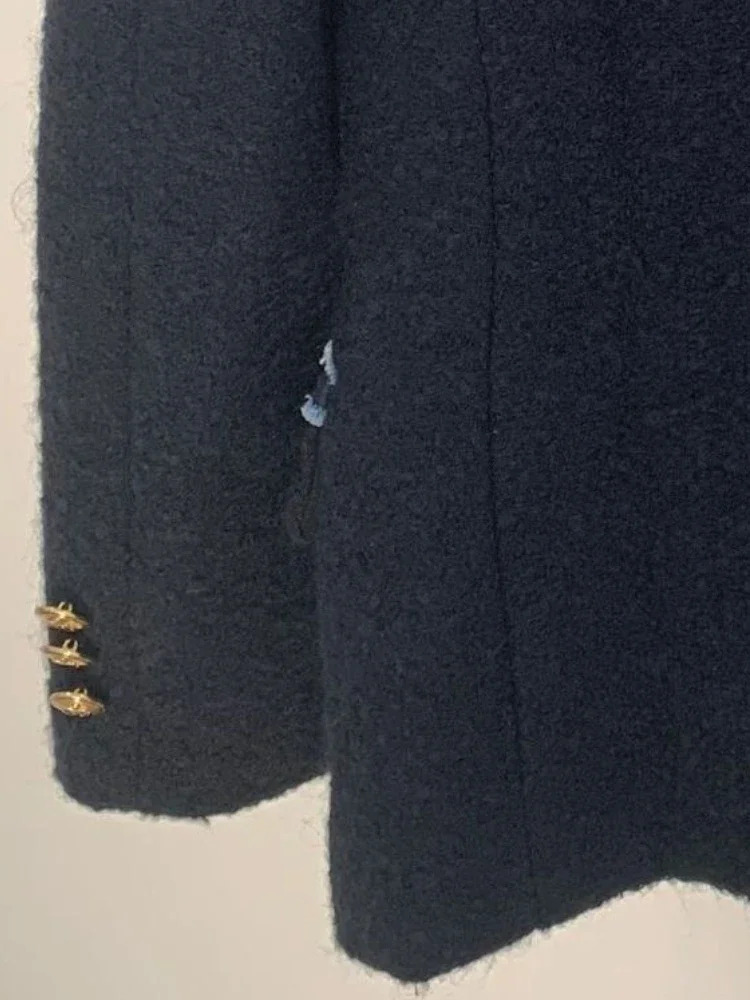 Fashionable Elegant Autumn And Winter Contrast Color Collar Dark Blue Tweed Suit Jacket