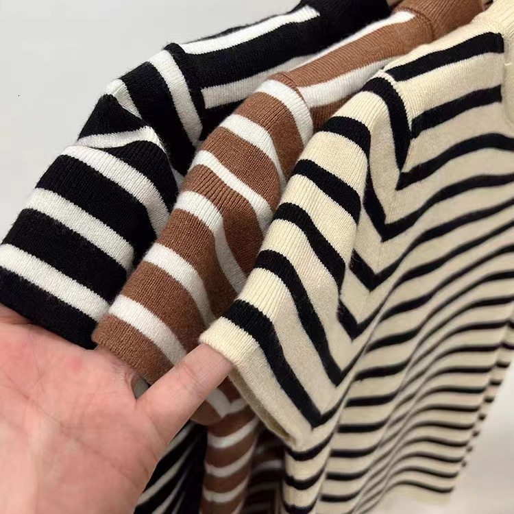 Autumn new semi high neck striped bottom knitted women's slim fit short sleeved designer ice silk shoulder T-shirt sweater