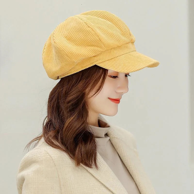 Korean Version Solid Color Women Beret Spring Autumn sboy Hat Vintage Corduroy Cap Painter 241125
