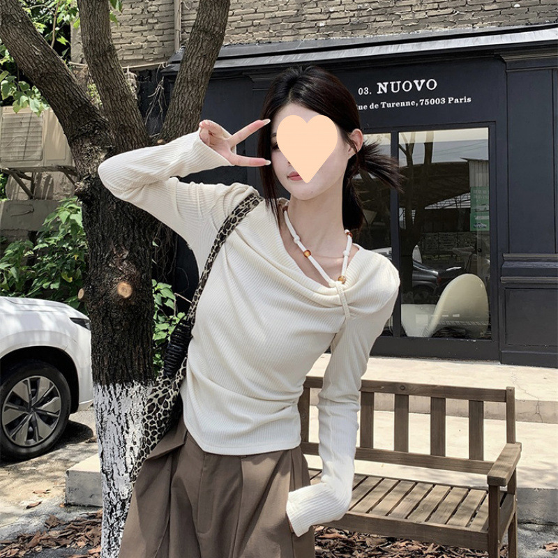 New Angola Red Bead Long Sleeve Knitted Women's Early Autumn New Tie up Folding Slim Fit Top Slant Shoulder Designer Sweater