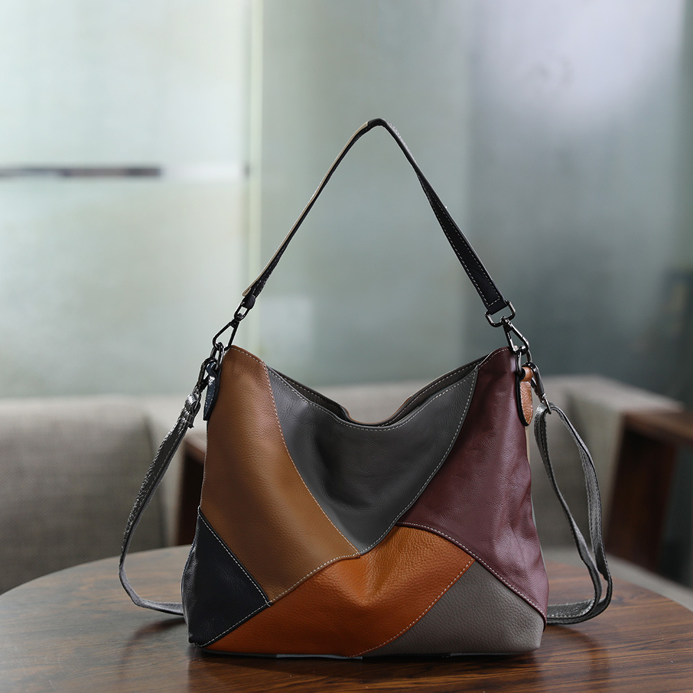 Handmade top layer cowhide contrasting shoulder crossbody with genuine leather splicing color large capacity women's bag